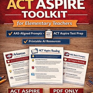 May include: A promotional image for the Arkansas ACT Aspire Toolkit for Elementary Teachers. The image features the state logo, the toolkit title, and details about AAS-aligned prompts, test prep, and printable resources. Several pages with text are displayed.