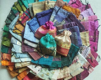 Recycled Sari Fabric Drawstring Pouches: Indian Wedding Favor Bags