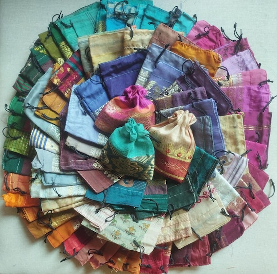 Recycled Sari Fabric Drawstring Gift Pouches: 3" x 3" Indian Wedding Favor Bags JP