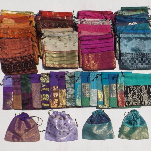 100 pieces, 5 x 5 inches Recycled drawstring pouches, Indian sari fabric Pouches,Gift, Party, wedding, Favor Bags, Mix Fabric SOI~02