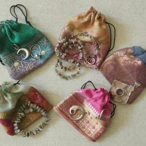 Recycled Sari Fabric Drawstring Gift Pouches: 3" x 3" Indian Wedding Favor Bags JP image 4