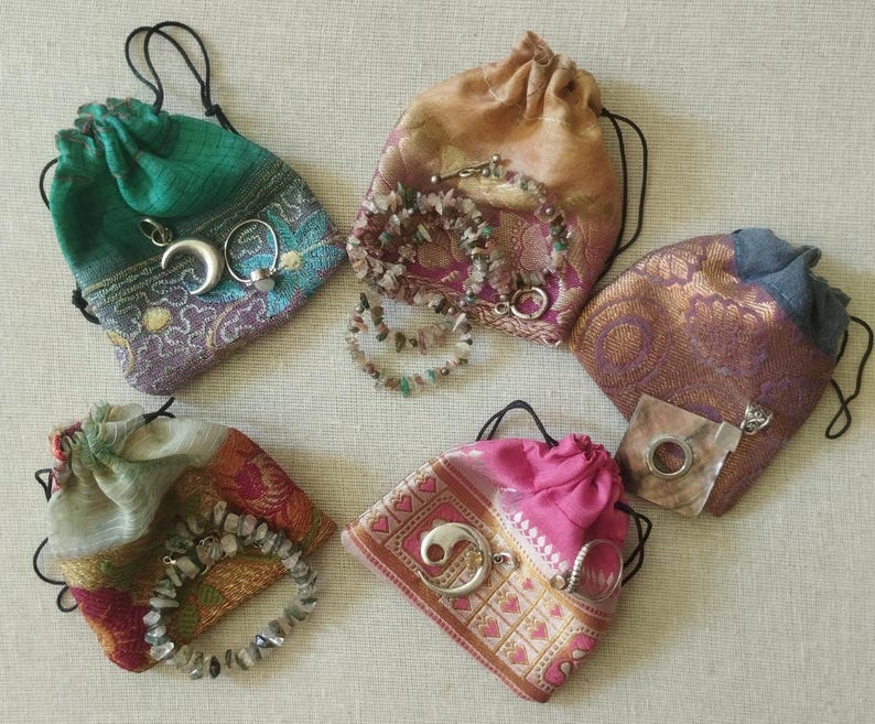 Recycled Sari Fabric Drawstring Gift Pouches: 3" x 3" Indian Wedding Favor Bags JP image 4