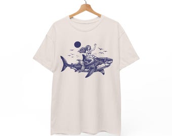 Mermaid Riding Shark T-Shirt | Vintage Shark Tee | Funny Animal Shirt