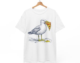 Seagull Eating Pizza T-Shirt | Beach Bird Illustration | Ocean Lover Gift | Summer Tee