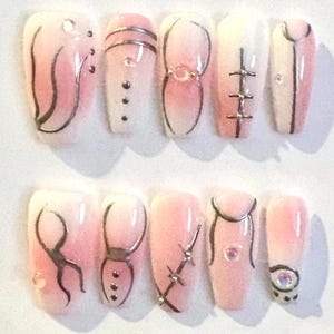 Hand-Painted Cyber-Sigilism Press-On Nails | Pink Aura & Silver Metallic Liquid Metal Design | Ethereal Cyber-Coquette Aesthetic