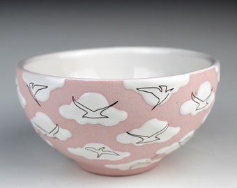 Bird and Cloud Bowl - pink and white