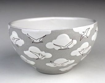 Bird and Cloud Bowl - gray and white
