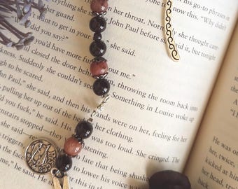 Custom zodiac and initial pendant metal hook bookmark, gothic bookish accessory
