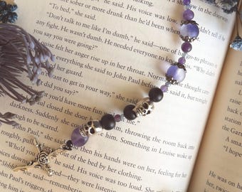 Purple gothic bookmark, custom beaded metal hook bookmark