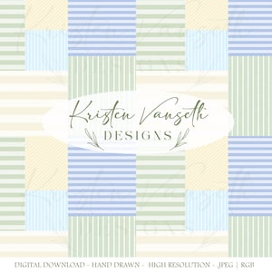 May include: Digital download featuring a patchwork design with alternating stripes and diagonal patterns in pastel colors: light blue, green, and yellow. The design includes the text "Kristen Vangseth DESIGNS".