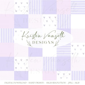 May include: A digital design with a patchwork arrangement in lavender, white, and pink. The design incorporates stripes, hearts, and gingham patterns. The text "Kristen Vangseth DESIGNS" is centrally placed.