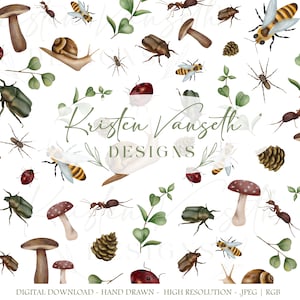 Peut inclure: Un motif numérique avec des illustrations à l'aquarelle d'insectes, de champignons, de feuilles et de pommes de pin. Le motif comprend des abeilles, des fourmis, des coléoptères, des coccinelles et des escargots. Le texte "Kristen Vangeth DESIGNS" est au centre.