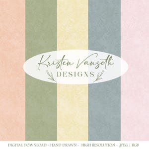 May include: Vertical stripes in pastel colors of peach, green, yellow, blue, and pink. The image features the text "Kristen Vangseth DESIGNS" in an oval shape. The bottom of the image includes the text "DIGITAL DOWNLOAD - HAND DRAWN - HIGH RESOLUTION - JPEG | RGB".