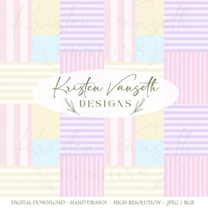May include: Digital download featuring a pastel patchwork design. The pattern includes stripes and diagonal lines in shades of pink, purple, yellow, and blue. The text "Kristen Vangseth DESIGNS" is centered on the image.