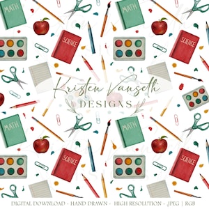 Puede incluir: Patrón repetitivo de útiles escolares sobre fondo blanco. El diseño incluye manzanas rojas, tijeras verdes, paletas de pintura, lápices, cuadernos con "MATH" y "SCIENCE", y el texto "Kristen Vangeli DESIGNS".