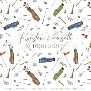 May include: A watercolour pattern on a white background, featuring golf equipment such as golf bags, clubs, golf balls, tees, and flags. The design includes green leaves and the text "Kristen Vanseth Designs".