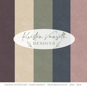 May include: Vertical stripes in shades of brown, beige, green, blue, and pink. The image features the text "Kristen Vangseth DESIGNS" in a white oval. Below the oval are the words "DIGITAL DOWNLOAD - HAND DRAWN - HIGH RESOLUTION - JPEG | RGB".