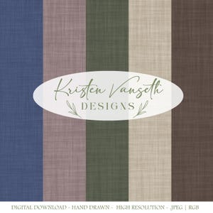 May include: A digital download with a seamless pattern of vertical stripes in blue, mauve, green, beige, and brown. The design includes the text "Kristen Vangseth Designs" in a cursive font.
