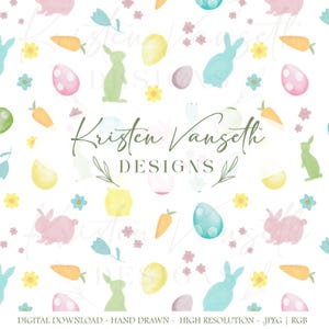 Puede incluir: Patrón de Pascua en acuarela con conejitos, huevos, zanahorias y flores en colores pastel. El diseño incluye el texto "Kristen Vangseth Designs" en una fuente cursiva.