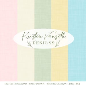 May include: Digital download with vertical stripes in pastel shades of pink, cream, green, yellow, and blue. The image displays the text "Kristen Vangseth DESIGNS" within an oval, and the text "DIGITAL DOWNLOAD - HAND DRAWN - HIGH RESOLUTION - JPEG | RGB" at the bottom.