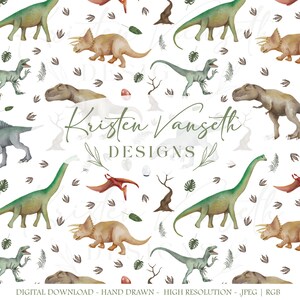 May include: Watercolor dinosaur pattern on a white background. Features various dinosaurs in shades of green, brown, and tan, along with leaves, eggs, and footprints. The text "Kristen Vangseth DESIGNS" is in the center. Digital download.