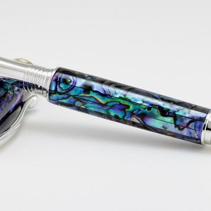 Stunning Paua Abalone roller ball pen with rhodium accents