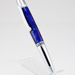 Chrome and satin ballpoint pen handcrafted with stunning blue abalone shell