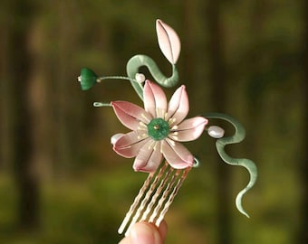 Pink Silk Lotus Hair Fork – Handmade Wrapped Flower with Green Leaves |Birthday Gift
