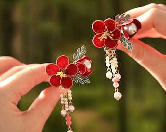 Red Silk Cherry Blossom Hair Fork–U-Shaped Pin with Pearl Tassel | Wedding Hair Accessory