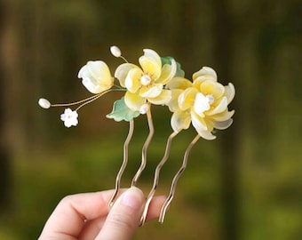 Yellow Magnolia Hair Fork| Wedding Hair Accessory, Birthday Gift for Her