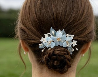 Blauwe begoniahaarspeld – Lucite Flower | Haaraccessoire aan de zijkant, cadeau voor haar in Franse stijl
