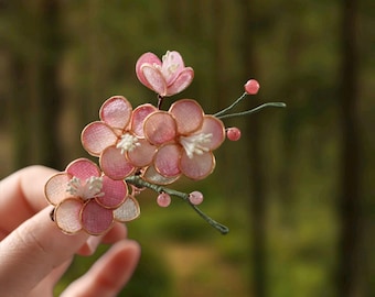 Pink Silk Peach Blossom Hair Clip – Handmade Wrapped Flower Branch |Birthday Gift