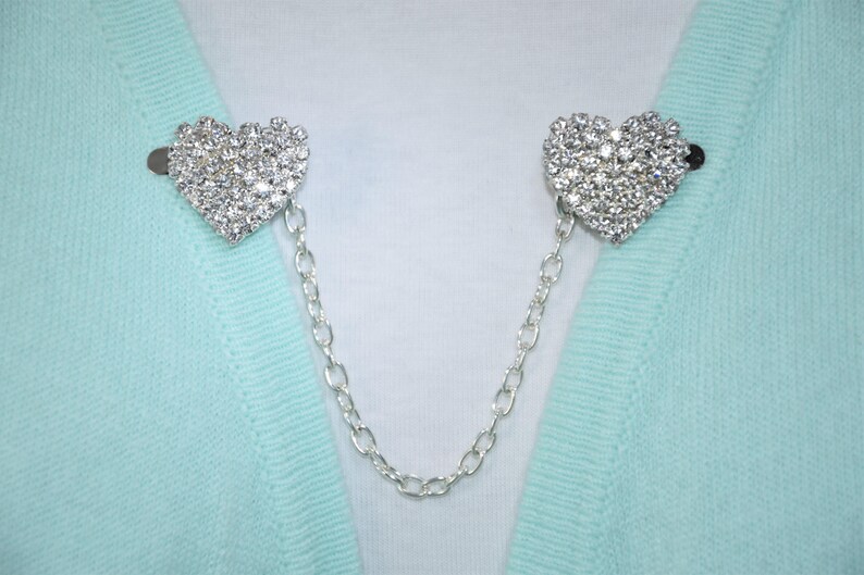 Sweater clasp Cardigan clips Rhinestone heart Single or double silver chain