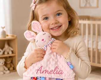 Personalized Baby Lovey Blanket, Embroidered Animal Security Comforter, Custom Name Newborn Gift, Baby Shower Gift, Minky Dot Plush Toy