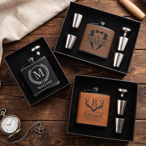 Custom Engraved Leather Flask, Personalized Groomsmen Gift, Stainless Steel 6 oz