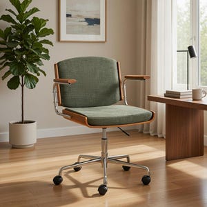 Mid Century Modern Desk Chair, Green Fabric Wood Arms, Home Office Swivel