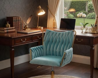 Plush Velvet Swivel Office Chair, Gold Metal Frame, Hand-Woven Detail