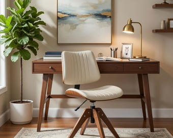 Mid Century Desk Chair Cream Leather Tufted Swivel Home Office Desk