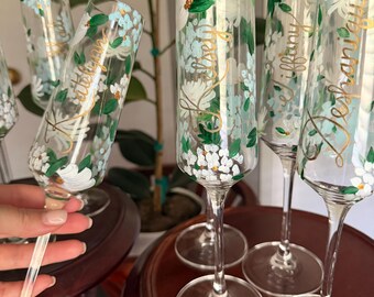 Personalized Hand Painted Floral Champagne Glasses