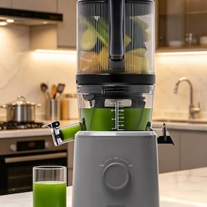 May include: A grey Nama juicer with a clear container holding fruits and vegetables. A glass of green juice is next to the juicer. The juicer has a dial with the word "nama" printed on the front.