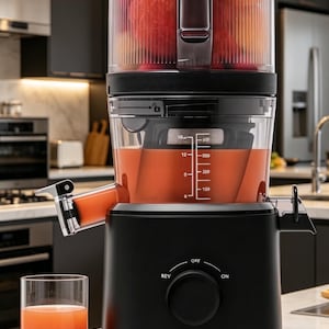 May include: A black juicer with a clear container filled with oranges. A glass of orange juice sits beside the juicer. The juicer has a dial with "ON", "OFF", and "REV" settings. The brand name "nama" is visible on the front.