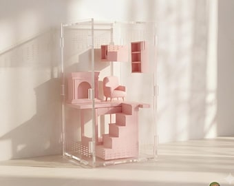 Nid d'araignées pour maison de poupée | Enclos pour araignées sauteuses | Habitat pour araignées en acrylique avec mini-mobilier | Maison rose mignonne pour animaux de compagnie