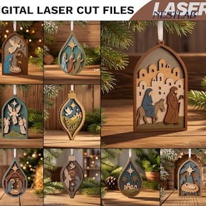 May include: A collection of layered wooden Christmas ornaments featuring laser-cut designs of nativity scenes, angels, and stars. The ornaments are displayed in various shapes including arches and teardrops, with text reading DIGITAL LASER CUT FILES NESTLAB.