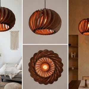 May include: Wooden pendant light fixture with a spiral design. The fixture is made of dark brown wood and has a warm, orange glow from the light inside. The design is a modern, decorative element for any room.
