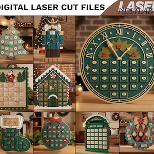 Può includere: Una collezione di file digitali per taglio laser per calendari dell'avvento natalizi in legno in varie forme, tra cui albero, schiaccianoci, orologio, casa, calza, ornamento, cassetta della posta e ghirlanda, con scomparti numerati e motivi festivi.