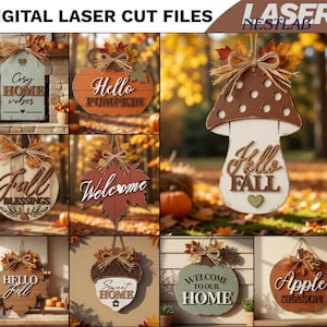 Op de afbeelding: Een verzameling digitale lasersnijbestanden voor hangende houten borden met herfstthema's. De ontwerpen bevatten een paddenstoel, pompoenen, een eikel en bladeren met teksten zoals Hello Fall, Welcome en Home, versierd met touw en kunstbladeren.