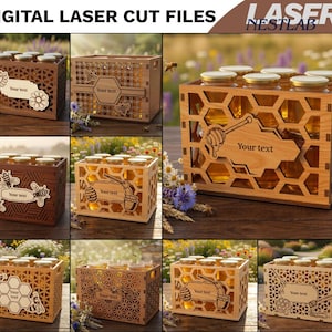 Op de afbeelding: Digitale lasersnijbestanden voor houten honingpotkratten met honingraatpatronen, bijenmotieven en aanpasbare tekstlabels. Deze rechthoekige dozen zijn ontworpen voor meerdere glazen potten en tonen ingewikkelde uitsparingen en natuurlijke houtafwerkingen.