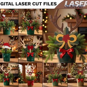 Peut inclure: Une collection de fichiers de découpe laser numériques pour des décorations en bois en forme de bois de renne. Les images présentent divers motifs avec des bois, du houx, des nœuds et des éléments festifs, montés sur des tiges.