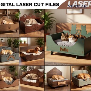 Puede incluir: Una colección de archivos digitales de corte láser para camas de mascotas de madera, con varios diseños con nombres grabados como Maddy, Bella, Laila y Roxy, junto con recortes de huellas, corazones y siluetas de gatos o perros para animales.