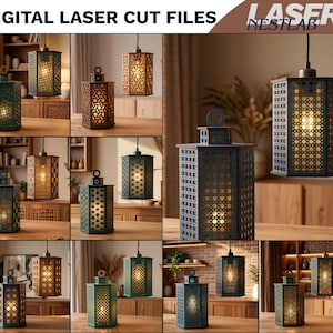 Peut inclure: Une collection de fichiers numériques de découpe laser pour des lampes suspendues hexagonales présentant divers motifs géométriques complexes. Les designs incluent des découpes en treillis, circulaires et en étoile, illustrés en plusieurs couleurs.
